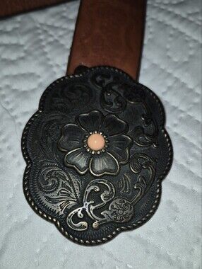 BOHO style Brown Leather Belt with Floral Metal Buckle. Made In USA